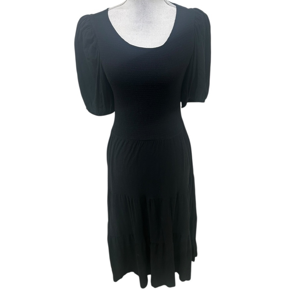 Nation Black Scoop Neck Midi Dress Puff Sleeves smock top tiered skirt Medium